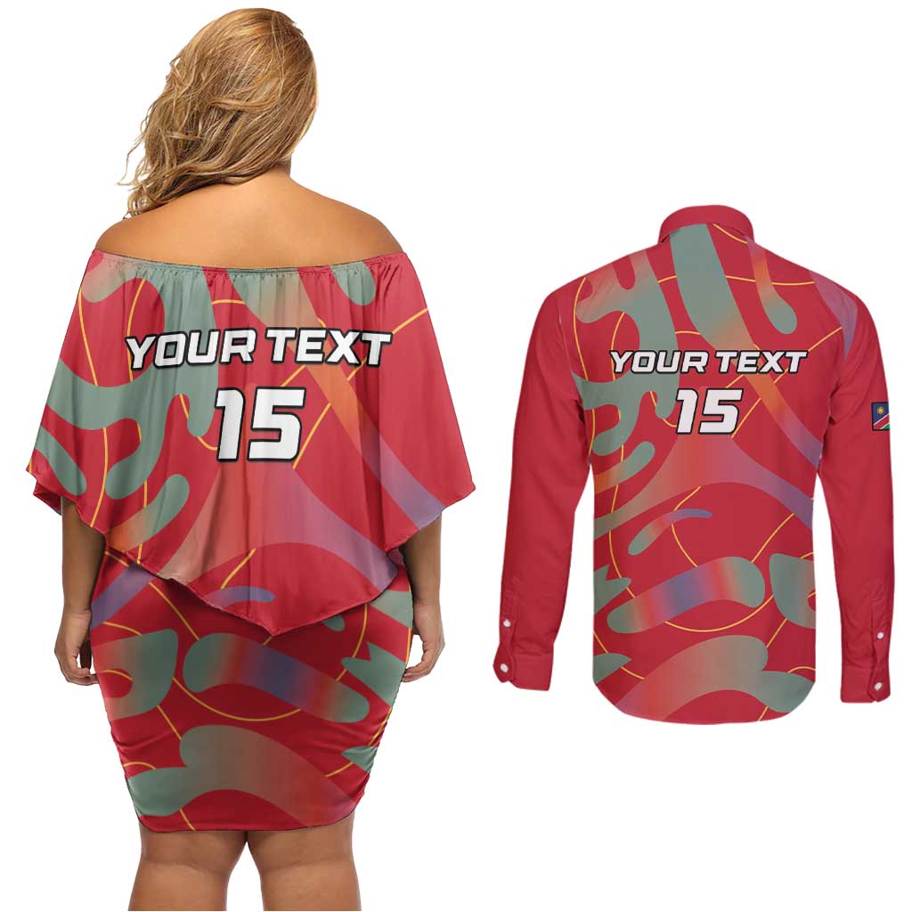 Custom Namibia Football Couples Matching Off Shoulder Short Dress and Long Sleeve Button Shirt Go Namibia Warriors - Wonder Print Shop