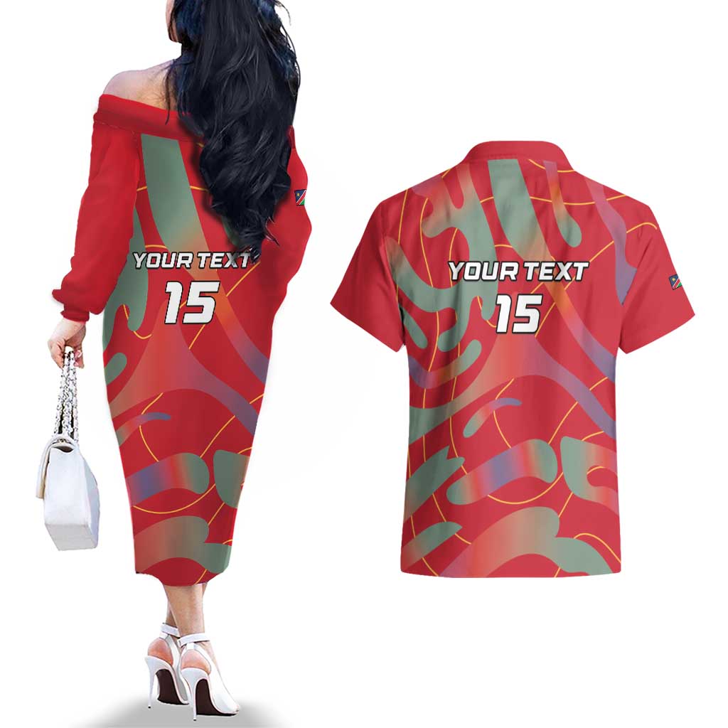 Custom Namibia Football Couples Matching Off The Shoulder Long Sleeve Dress and Hawaiian Shirt Go Namibia Warriors - Wonder Print Shop