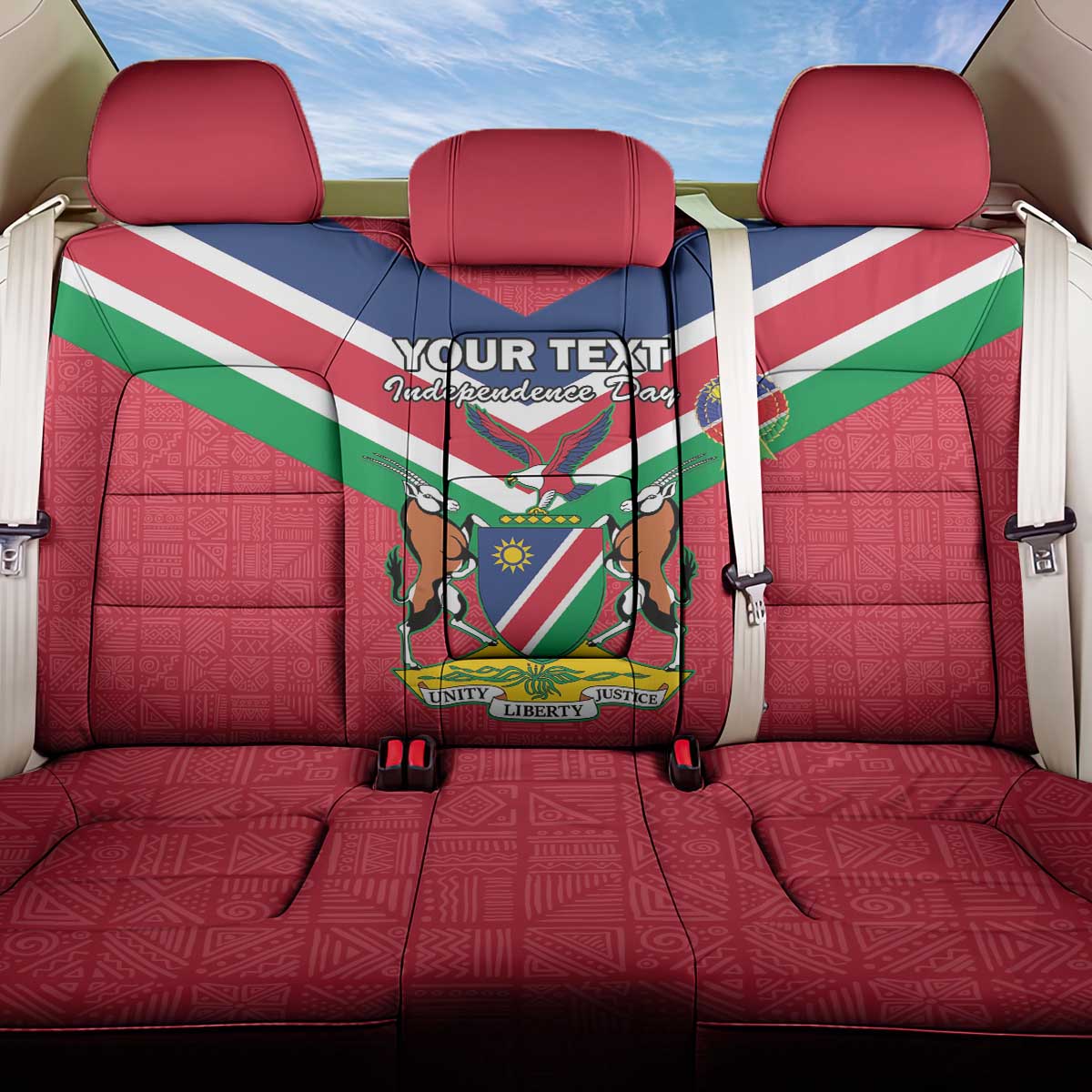 Personalised Namibia Independence Day Back Car Seat Cover Coat Of Arms With Flag Map - Wonder Print Shop