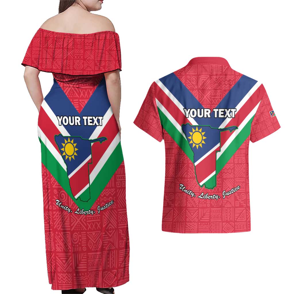 Personalised Namibia Independence Day Couples Matching Off Shoulder Maxi Dress and Hawaiian Shirt Coat Of Arms With Flag Map - Wonder Print Shop