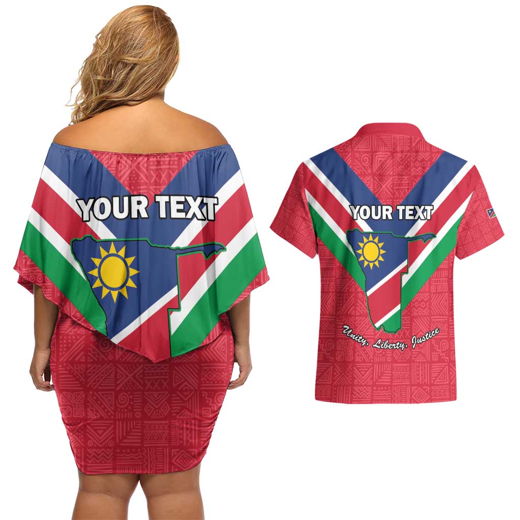 Personalised Namibia Independence Day Couples Matching Off Shoulder Short Dress and Hawaiian Shirt Coat Of Arms With Flag Map - Wonder Print Shop
