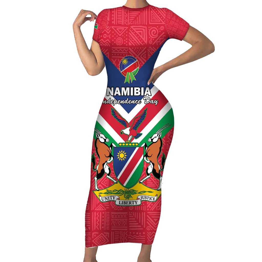 Personalised Namibia Independence Day Family Matching Short Sleeve Bodycon Dress and Hawaiian Shirt Coat Of Arms With Flag Map - Wonder Print Shop