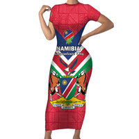 Personalised Namibia Independence Day Family Matching Short Sleeve Bodycon Dress and Hawaiian Shirt Coat Of Arms With Flag Map - Wonder Print Shop