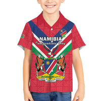 Personalised Namibia Independence Day Family Matching Short Sleeve Bodycon Dress and Hawaiian Shirt Coat Of Arms With Flag Map - Wonder Print Shop