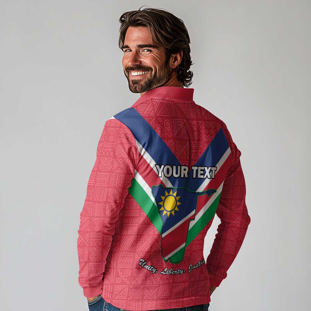 Personalised Namibia Independence Day Long Sleeve Polo Shirt Coat Of Arms With Flag Map - Wonder Print Shop