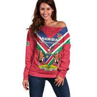 Personalised Namibia Independence Day Off Shoulder Sweater Coat Of Arms With Flag Map - Wonder Print Shop