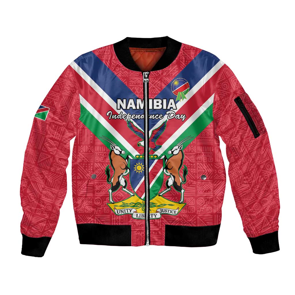 Personalised Namibia Independence Day Sleeve Zip Bomber Jacket Coat Of Arms With Flag Map - Wonder Print Shop