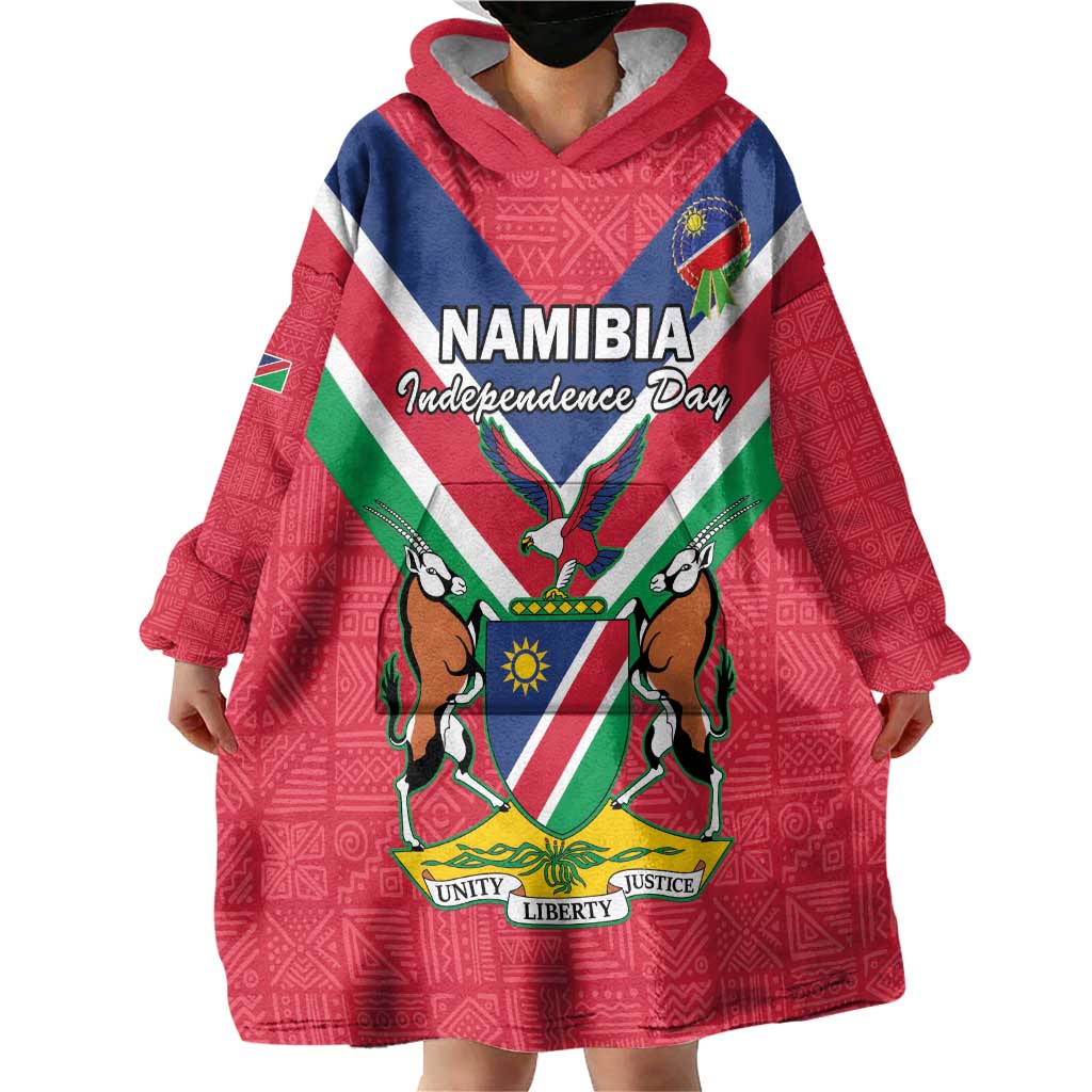 Personalised Namibia Independence Day Wearable Blanket Hoodie Coat Of Arms With Flag Map - Wonder Print Shop