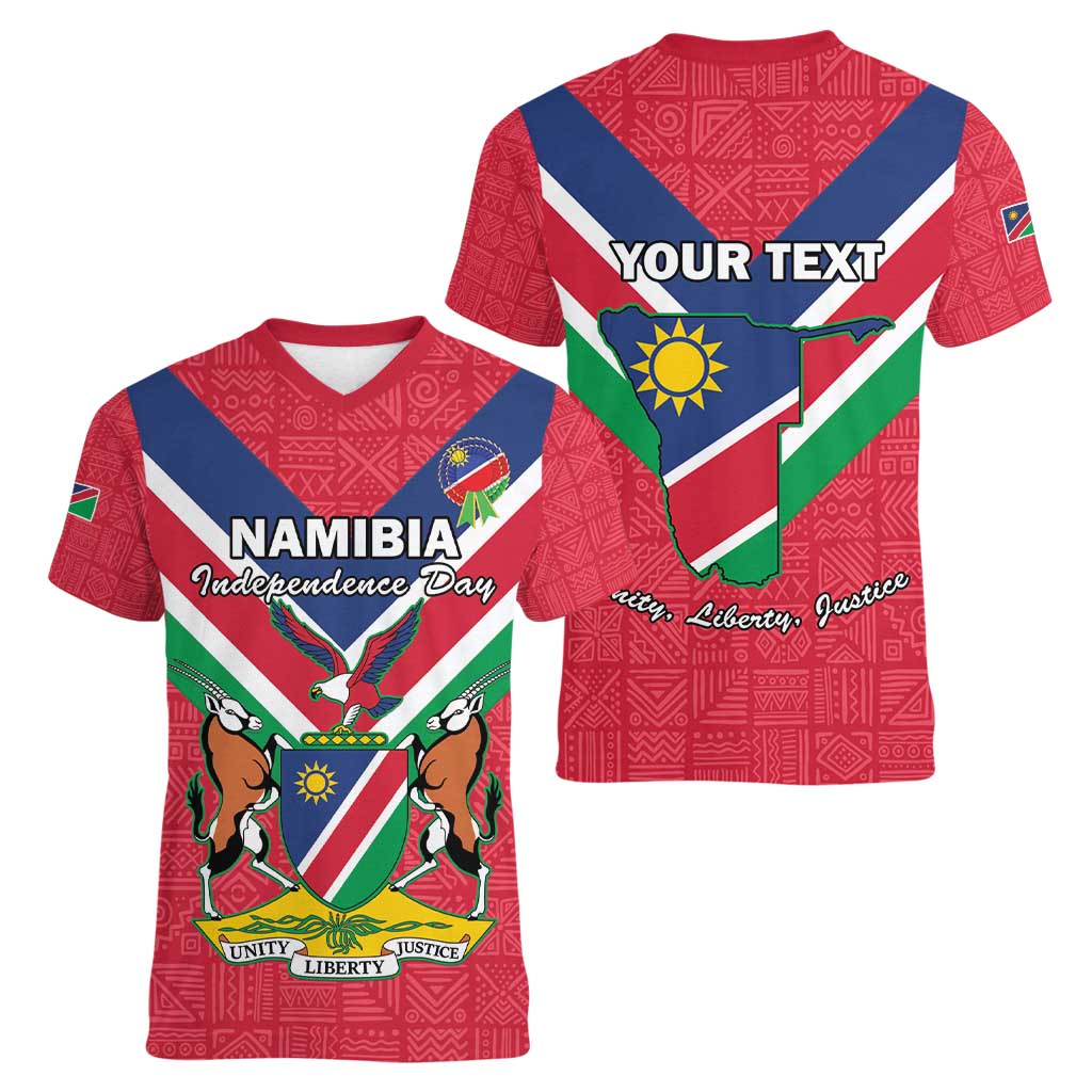 Personalised Namibia Independence Day Women V-Neck T-Shirt Coat Of Arms With Flag Map - Wonder Print Shop