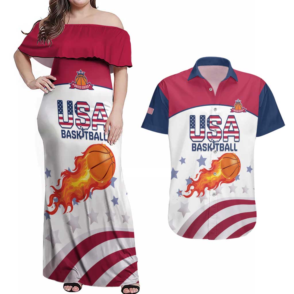 Custom United States Basketball Couples Matching Off Shoulder Maxi Dress and Hawaiian Shirt Go Champions
