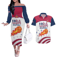Custom United States Basketball Couples Matching Off The Shoulder Long Sleeve Dress and Hawaiian Shirt Go Champions