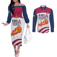 Custom United States Basketball Couples Matching Off The Shoulder Long Sleeve Dress and Long Sleeve Button Shirt Go Champions