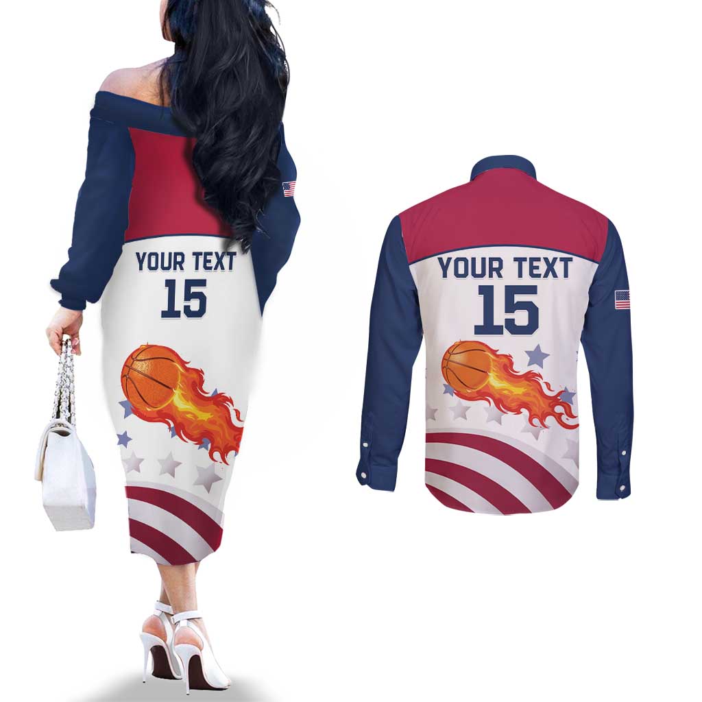 Custom United States Basketball Couples Matching Off The Shoulder Long Sleeve Dress and Long Sleeve Button Shirt Go Champions