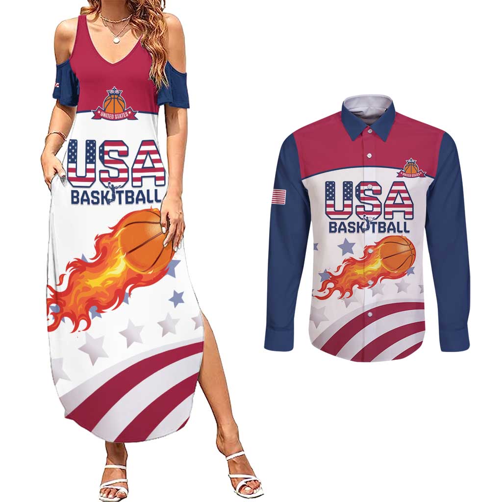 Custom United States Basketball Couples Matching Summer Maxi Dress and Long Sleeve Button Shirt Go Champions