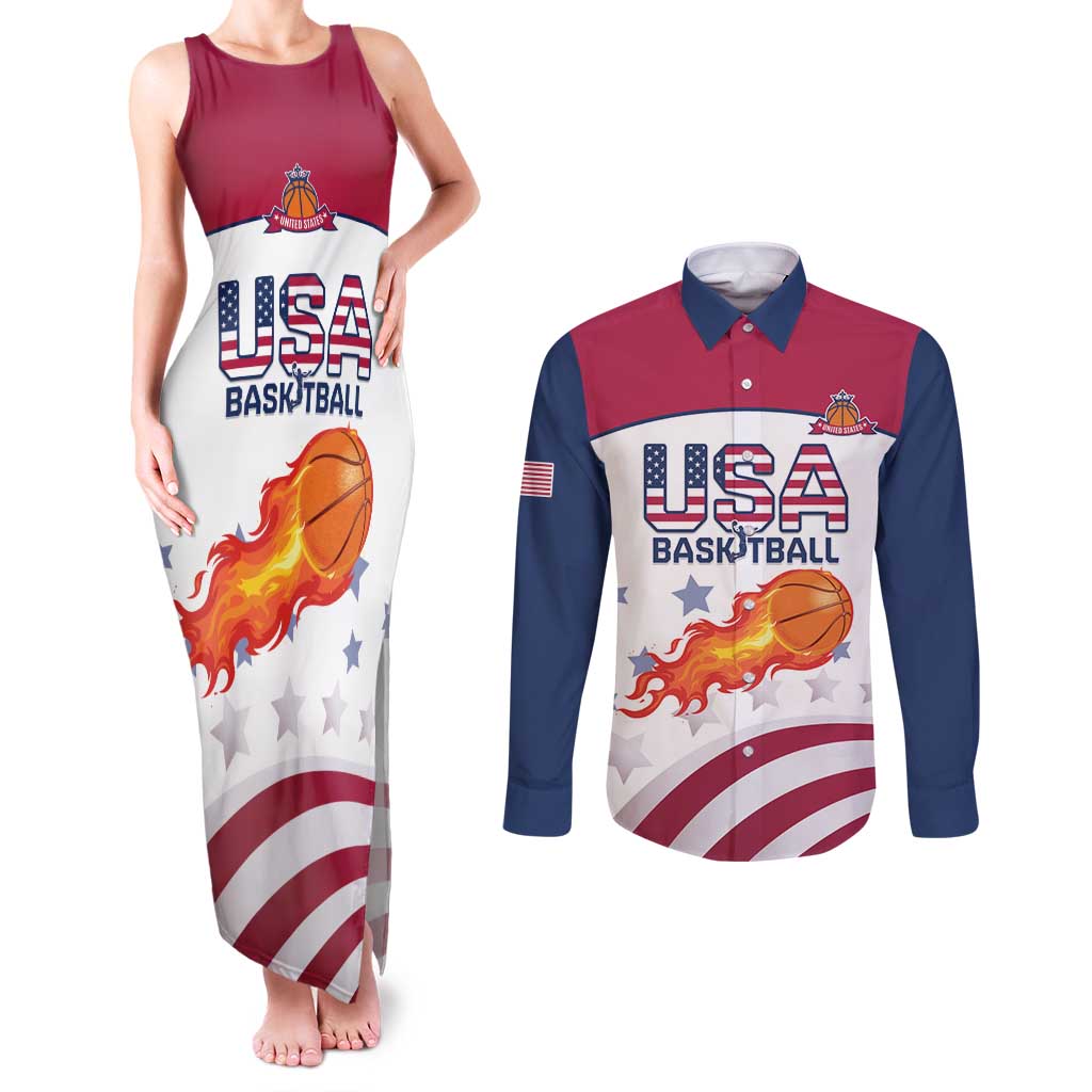 Custom United States Basketball Couples Matching Tank Maxi Dress and Long Sleeve Button Shirt Go Champions