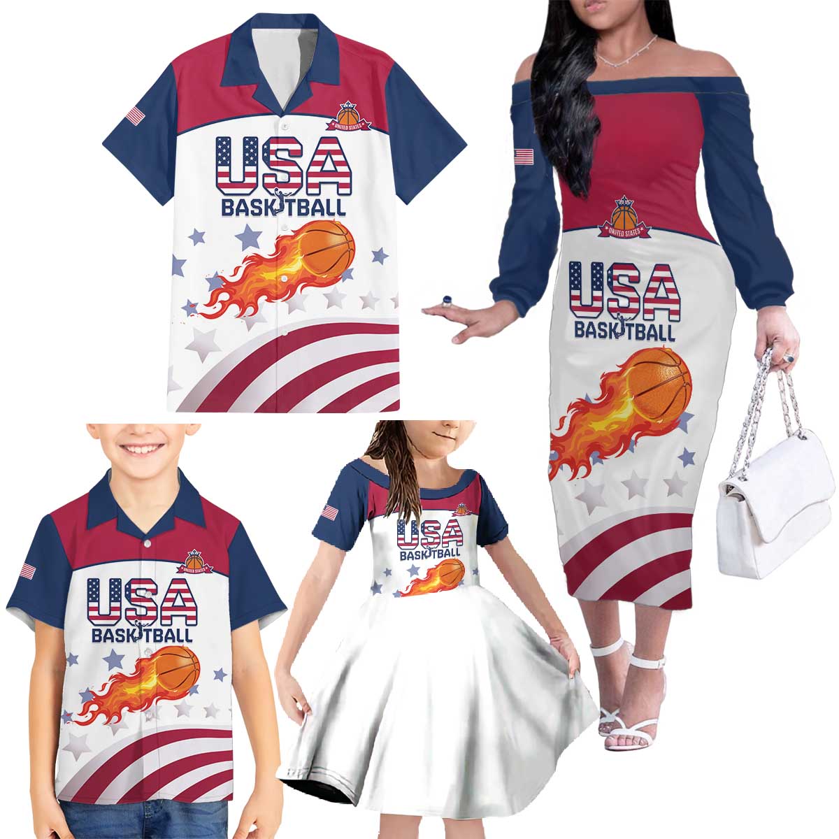 Custom United States Basketball Family Matching Off The Shoulder Long Sleeve Dress and Hawaiian Shirt Go Champions