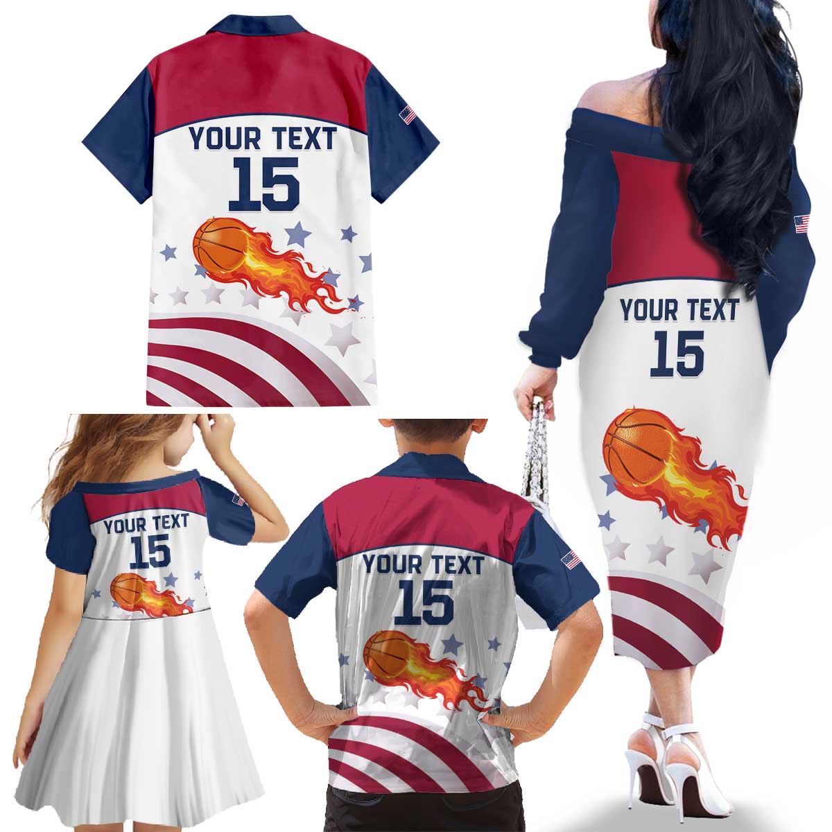 Custom United States Basketball Family Matching Off The Shoulder Long Sleeve Dress and Hawaiian Shirt Go Champions
