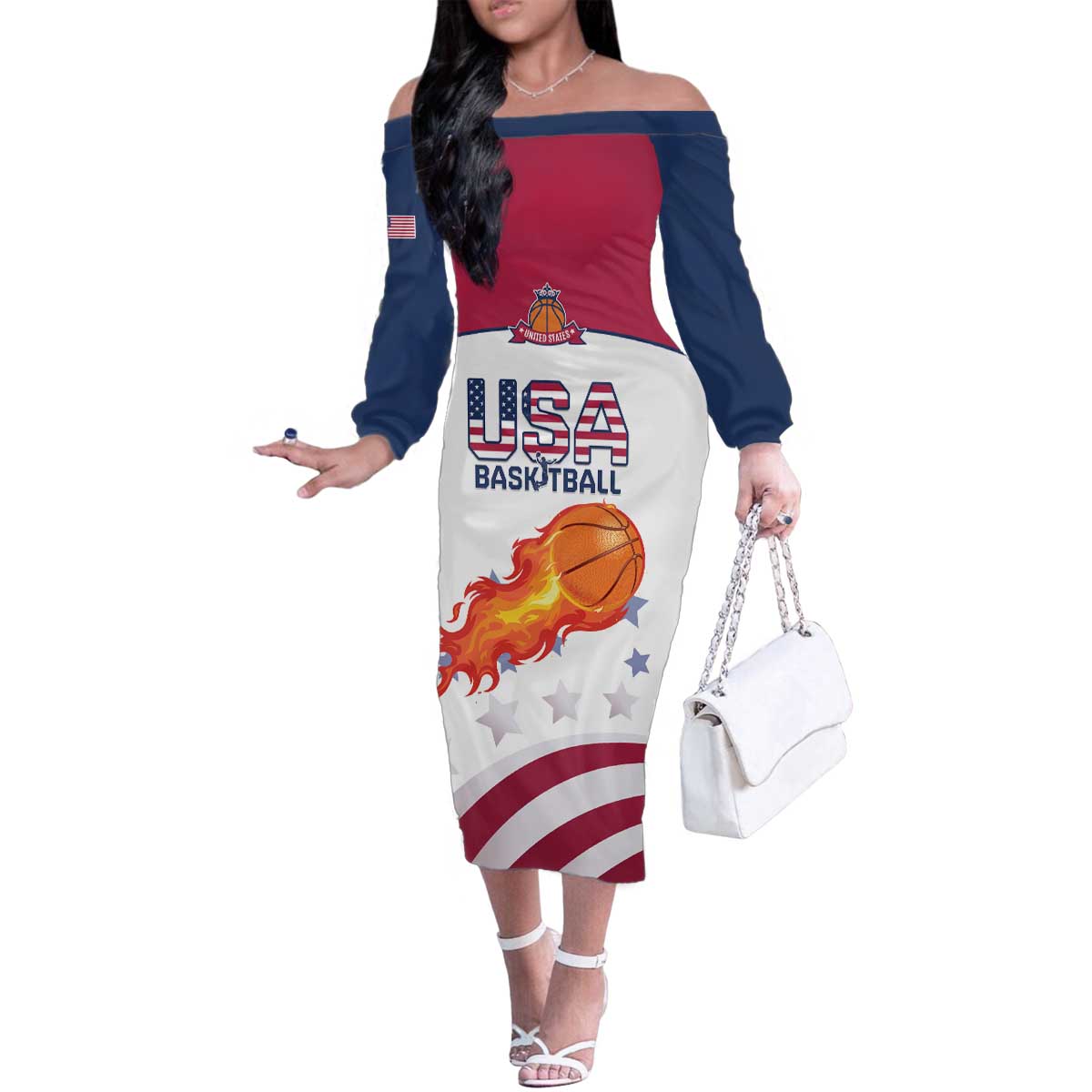 Custom United States Basketball Family Matching Off The Shoulder Long Sleeve Dress and Hawaiian Shirt Go Champions