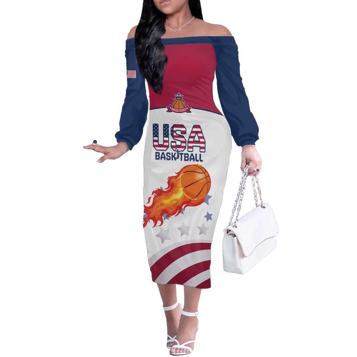 Custom United States Basketball Off The Shoulder Long Sleeve Dress Go Champions
