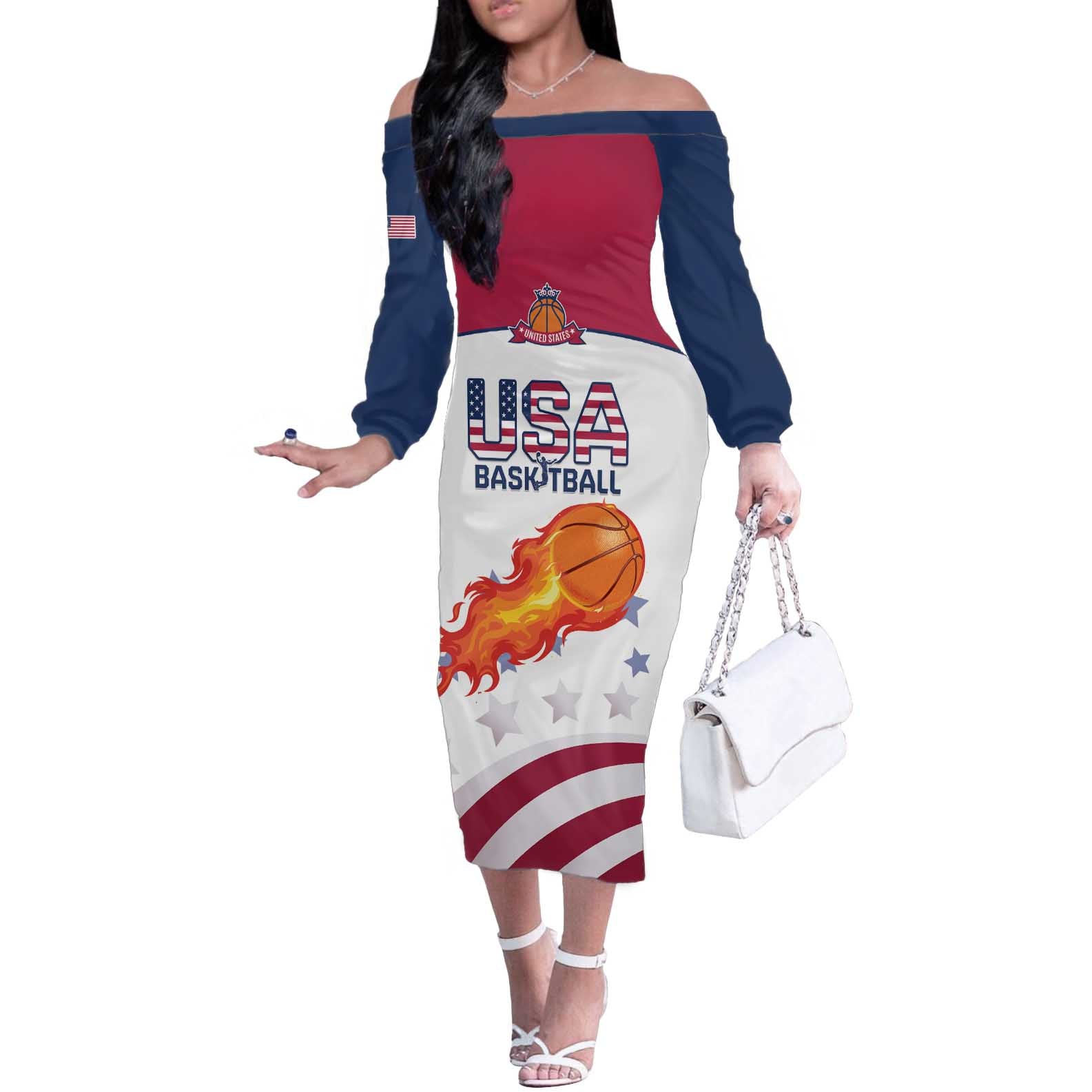 Custom United States Basketball Off The Shoulder Long Sleeve Dress Go Champions