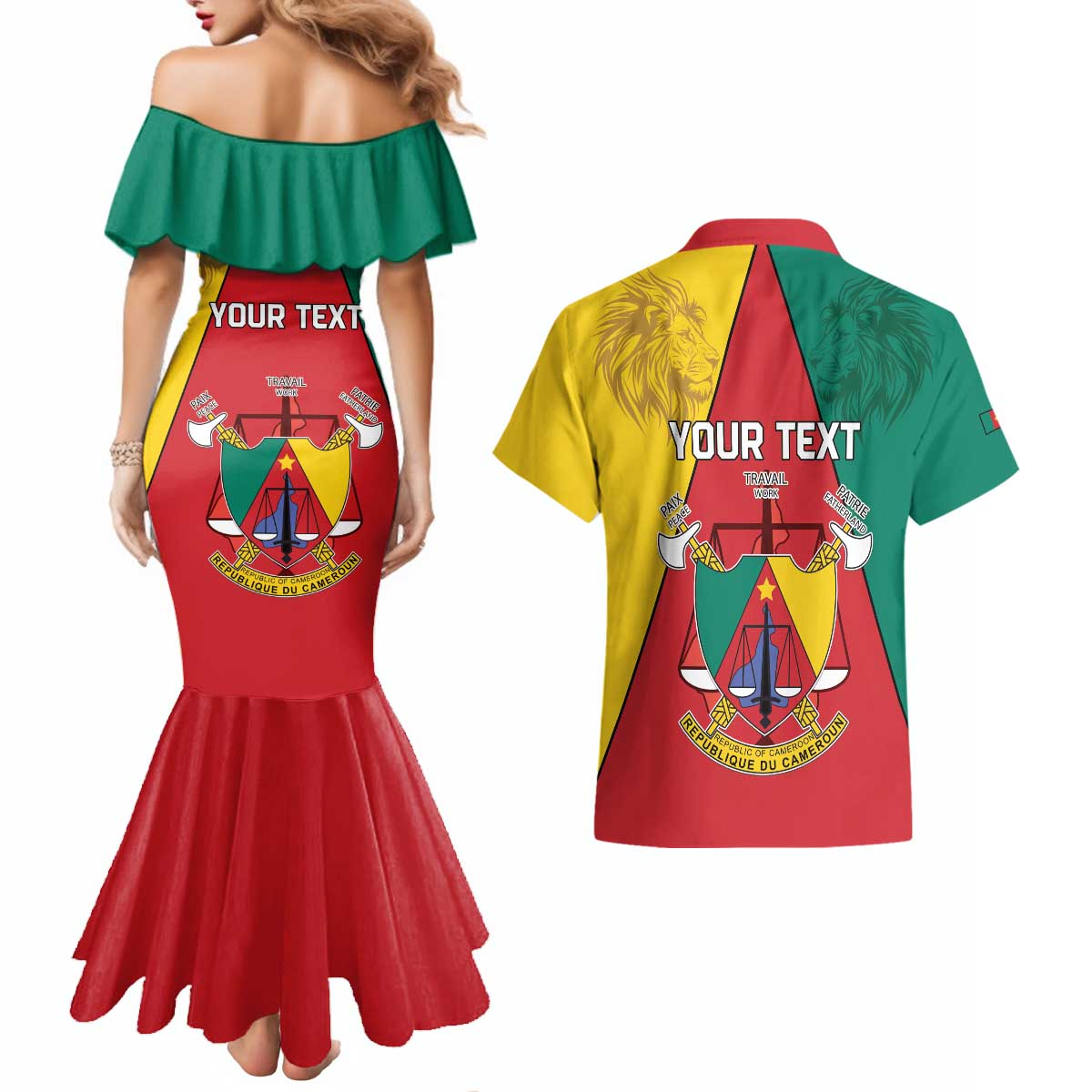Personalised Cameroon National Day Couples Matching Mermaid Dress and Hawaiian Shirt Coat Of Arms With Lion