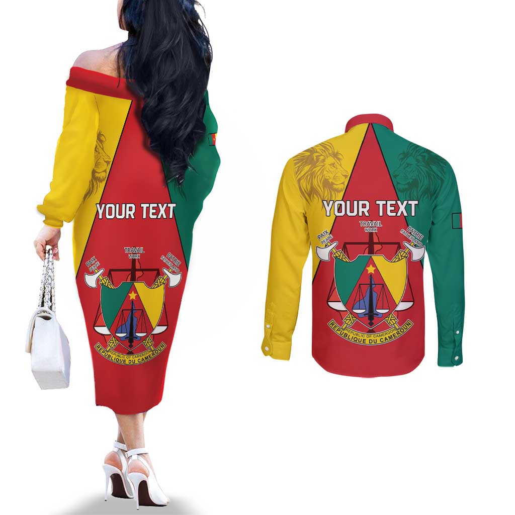 Personalised Cameroon National Day Couples Matching Off The Shoulder Long Sleeve Dress and Long Sleeve Button Shirt Coat Of Arms With Lion
