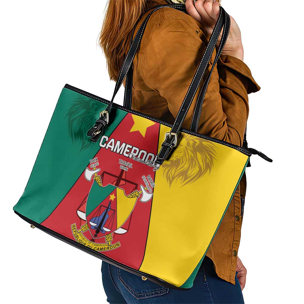 Cameroon National Day Leather Tote Bag Coat Of Arms With Lion