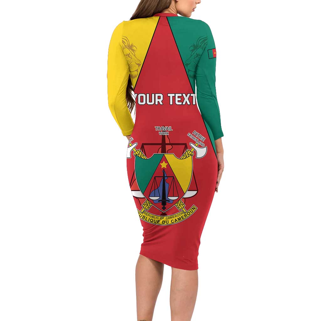 Personalised Cameroon National Day Long Sleeve Bodycon Dress Coat Of Arms With Lion