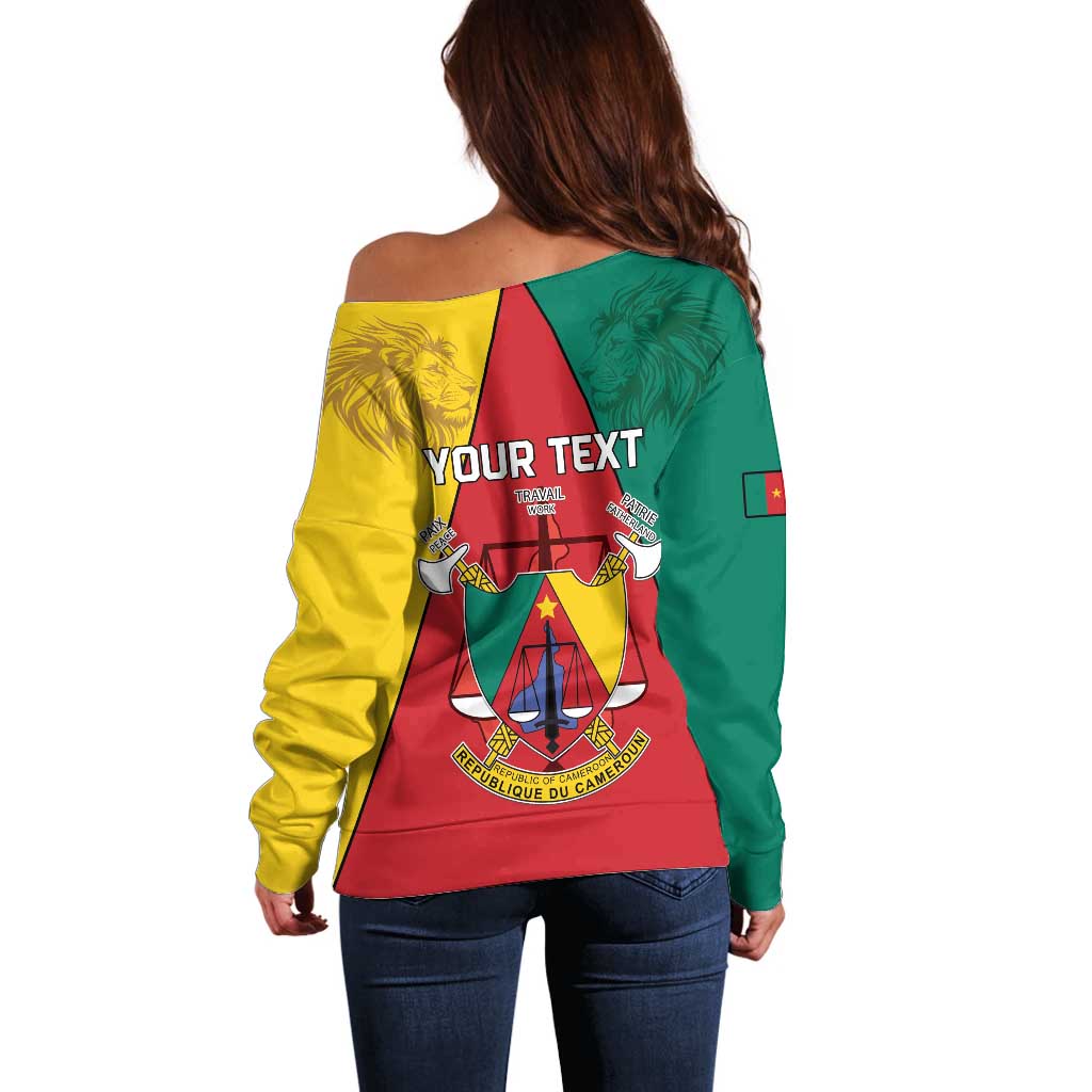 Personalised Cameroon National Day Off Shoulder Sweater Coat Of Arms With Lion
