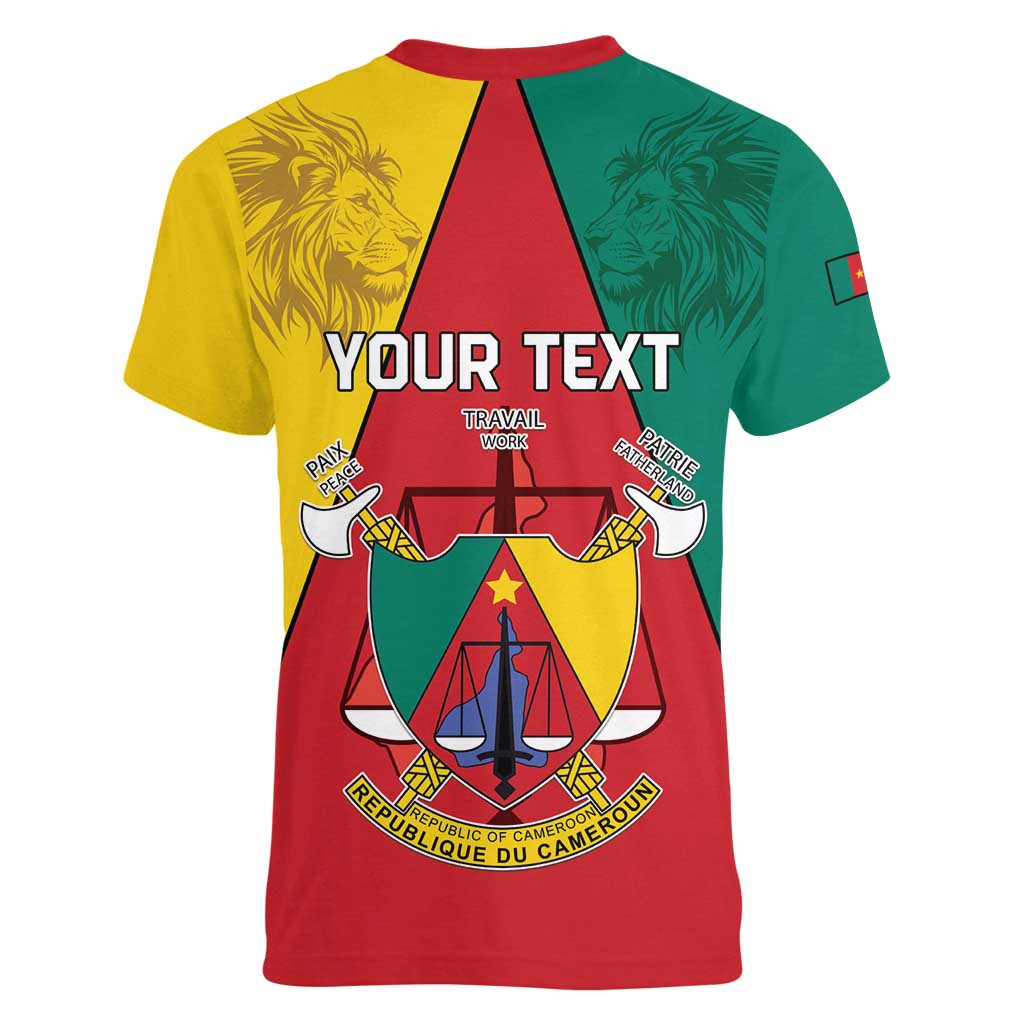 Personalised Cameroon National Day Women V-Neck T-Shirt Coat Of Arms With Lion