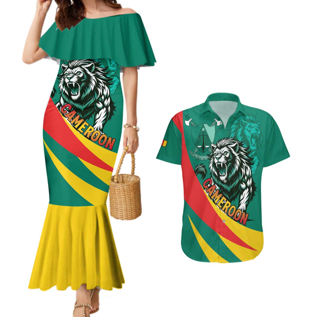 Personalised Happy Cameroon National Day Couples Matching Mermaid Dress and Hawaiian Shirt May 20 Cameroun
