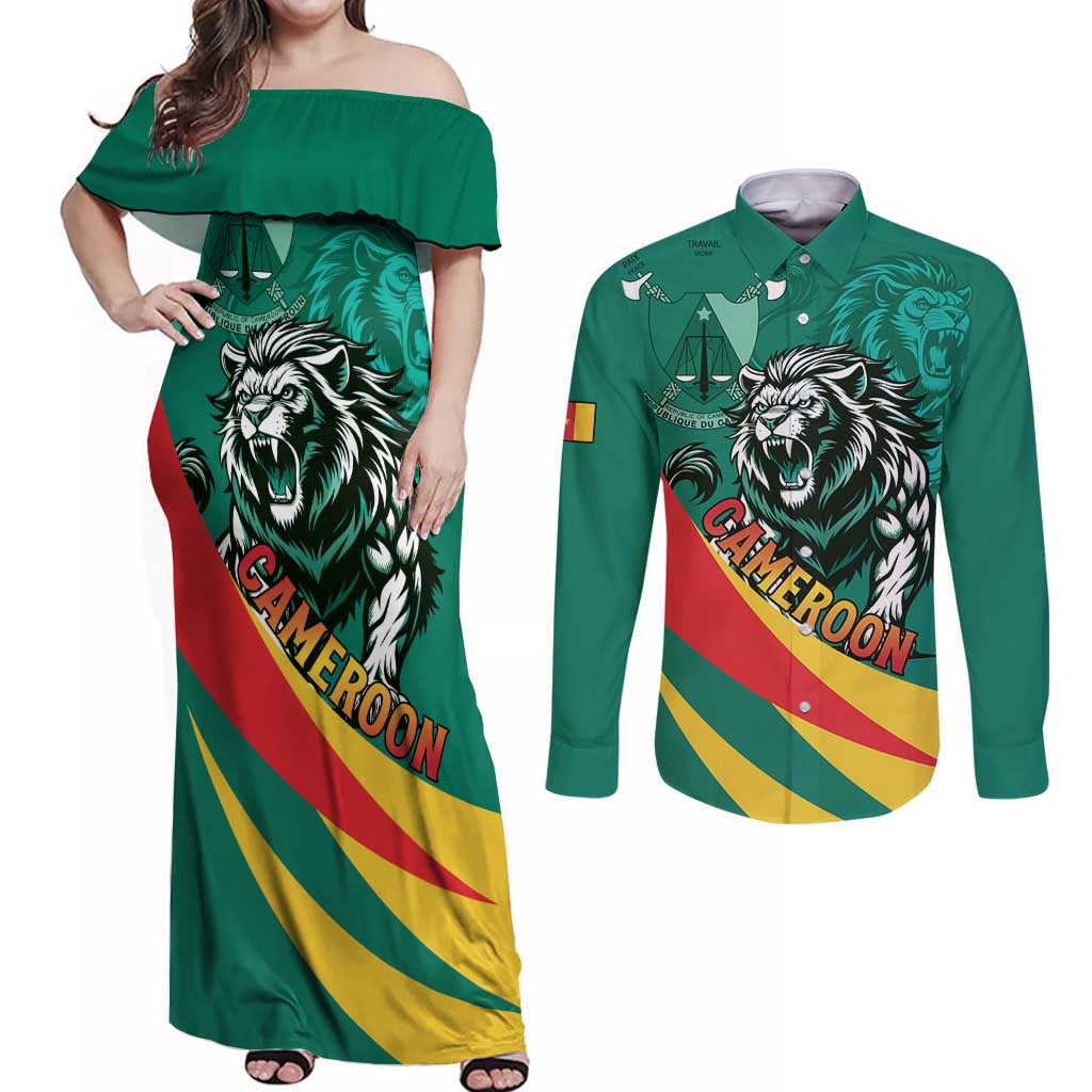 Personalised Happy Cameroon National Day Couples Matching Off Shoulder Maxi Dress and Long Sleeve Button Shirt May 20 Cameroun