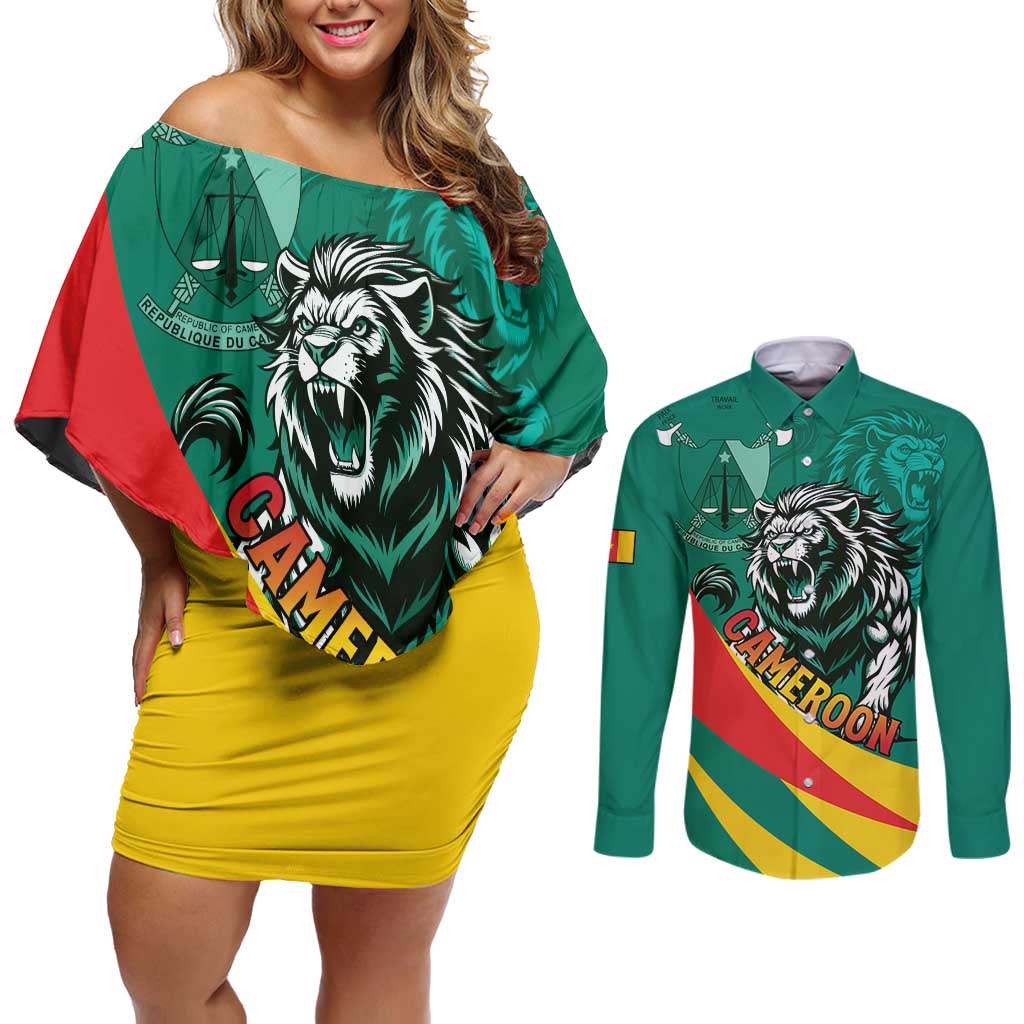 Personalised Happy Cameroon National Day Couples Matching Off Shoulder Short Dress and Long Sleeve Button Shirt May 20 Cameroun