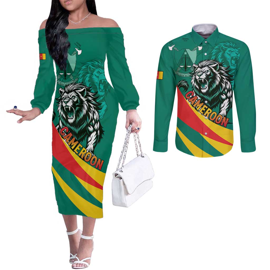 Personalised Happy Cameroon National Day Couples Matching Off The Shoulder Long Sleeve Dress and Long Sleeve Button Shirt May 20 Cameroun