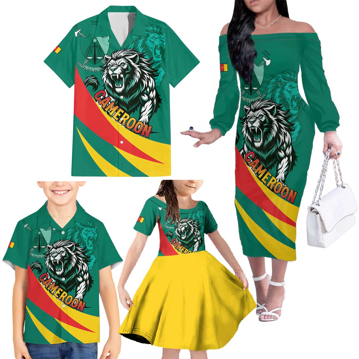 Personalised Happy Cameroon National Day Family Matching Off The Shoulder Long Sleeve Dress and Hawaiian Shirt May 20 Cameroun