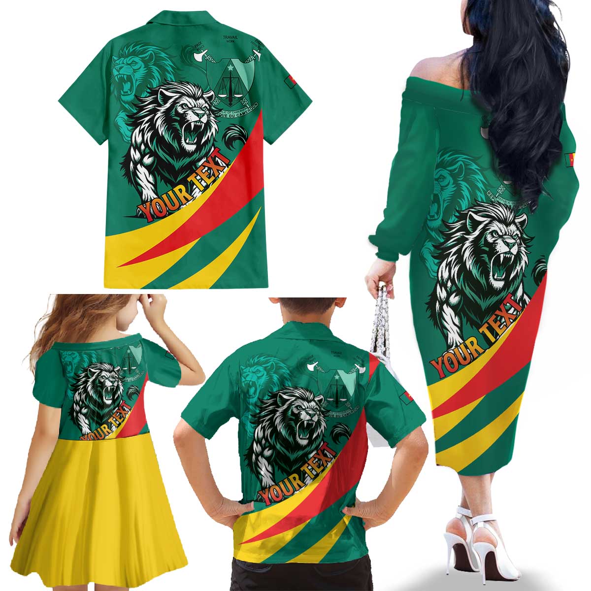 Personalised Happy Cameroon National Day Family Matching Off The Shoulder Long Sleeve Dress and Hawaiian Shirt May 20 Cameroun