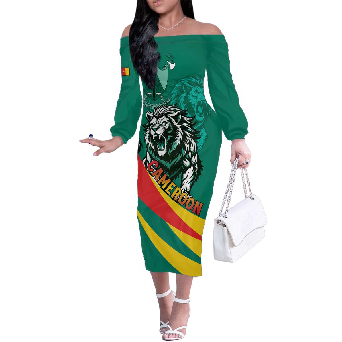 Personalised Happy Cameroon National Day Family Matching Off The Shoulder Long Sleeve Dress and Hawaiian Shirt May 20 Cameroun