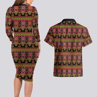 Cameroon Traditional Toghu Pattern Couples Matching Long Sleeve Bodycon Dress and Hawaiian Shirt