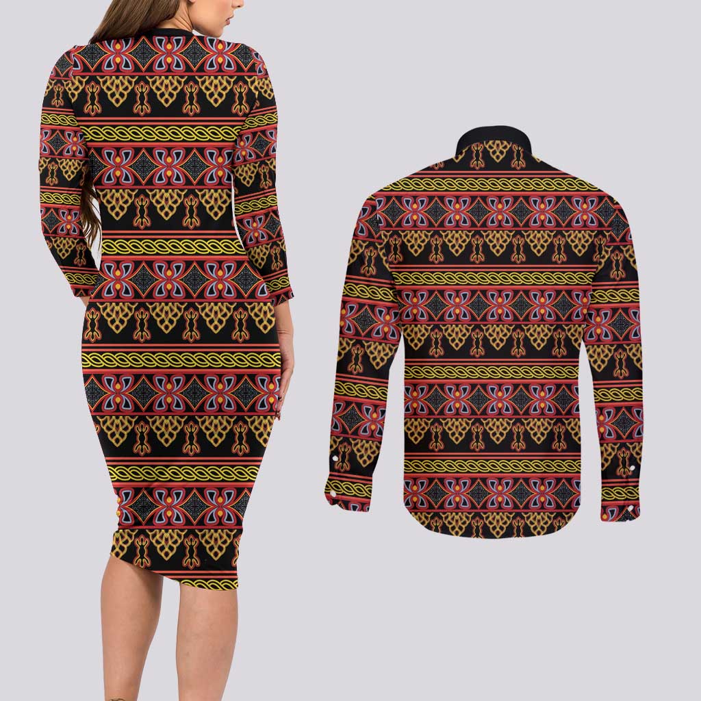 Cameroon Traditional Toghu Pattern Couples Matching Long Sleeve Bodycon Dress and Long Sleeve Button Shirt