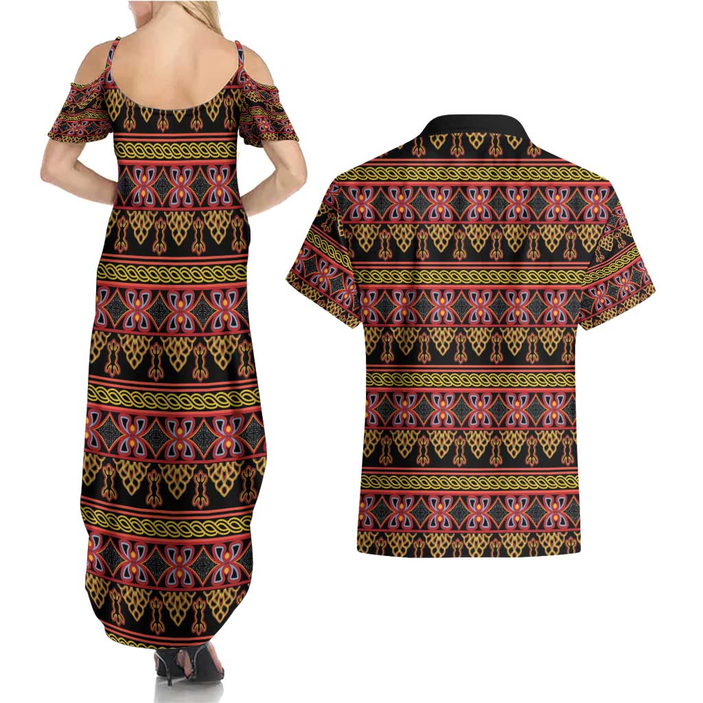 Cameroon Traditional Toghu Pattern Couples Matching Summer Maxi Dress and Hawaiian Shirt