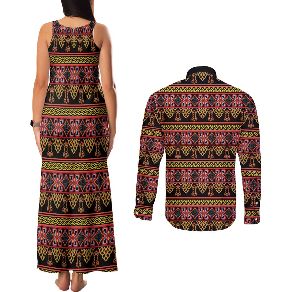 Cameroon Traditional Toghu Pattern Couples Matching Tank Maxi Dress and Long Sleeve Button Shirt