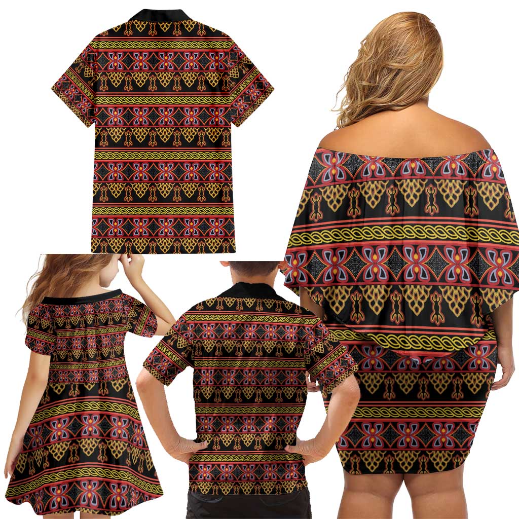 Cameroon Traditional Toghu Pattern Family Matching Off Shoulder Short Dress and Hawaiian Shirt