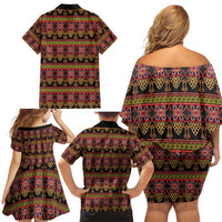 Cameroon Traditional Toghu Pattern Family Matching Off Shoulder Short Dress and Hawaiian Shirt