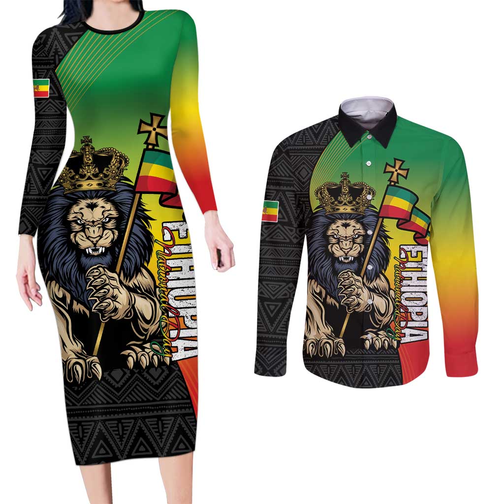 Personalized Ethiopia National Day Couples Matching Long Sleeve Bodycon Dress and Long Sleeve Button Shirt Lion Of Judah African Pattern