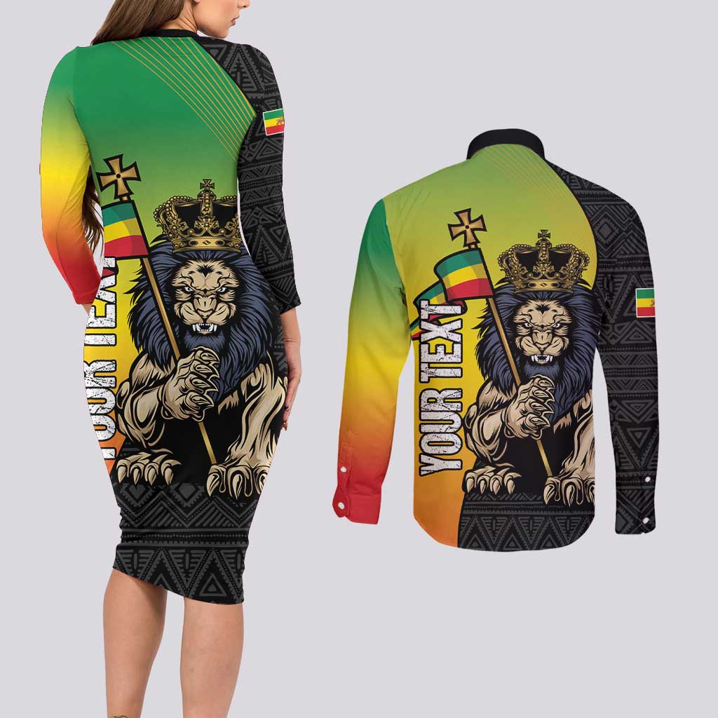 Personalized Ethiopia National Day Couples Matching Long Sleeve Bodycon Dress and Long Sleeve Button Shirt Lion Of Judah African Pattern