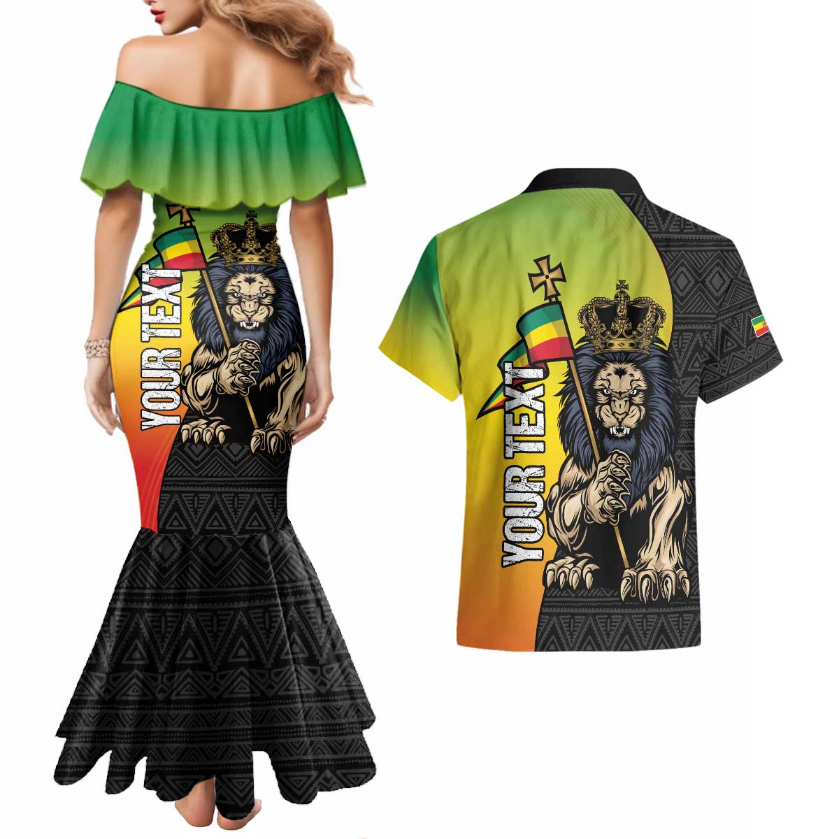 Personalized Ethiopia National Day Couples Matching Mermaid Dress and Hawaiian Shirt Lion Of Judah African Pattern
