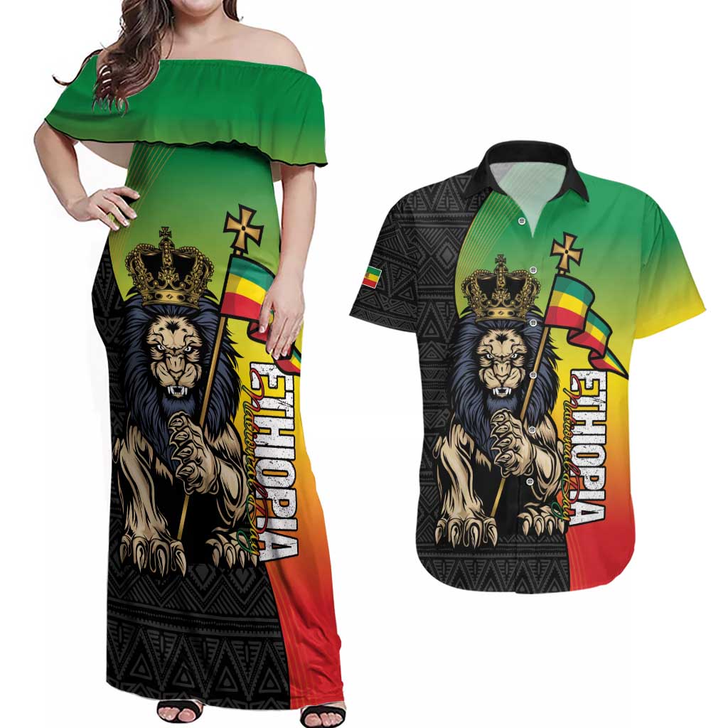 Personalized Ethiopia National Day Couples Matching Off Shoulder Maxi Dress and Hawaiian Shirt Lion Of Judah African Pattern