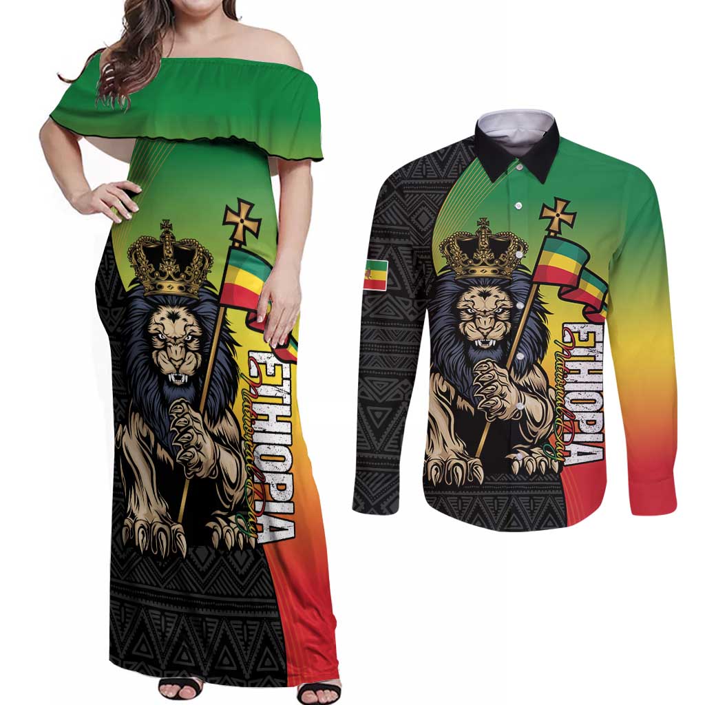 Personalized Ethiopia National Day Couples Matching Off Shoulder Maxi Dress and Long Sleeve Button Shirt Lion Of Judah African Pattern