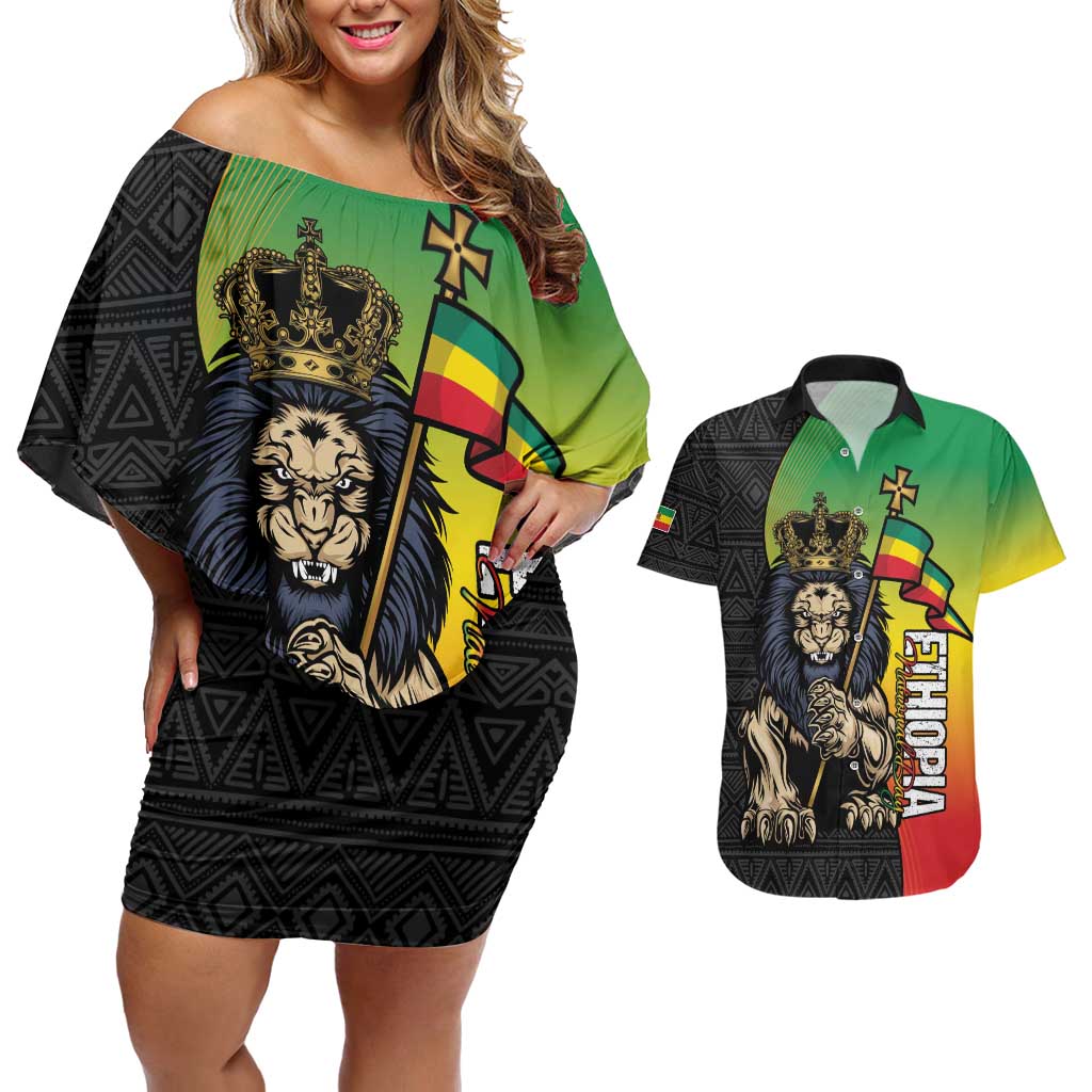 Personalized Ethiopia National Day Couples Matching Off Shoulder Short Dress and Hawaiian Shirt Lion Of Judah African Pattern