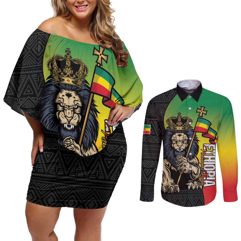 Personalized Ethiopia National Day Couples Matching Off Shoulder Short Dress and Long Sleeve Button Shirt Lion Of Judah African Pattern